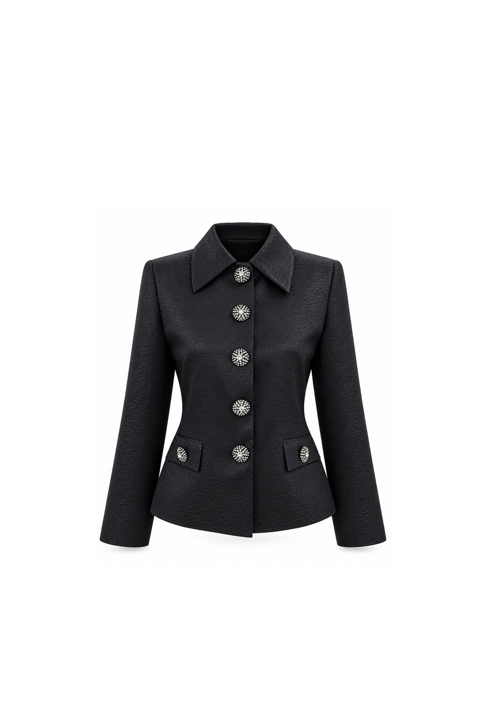 Noor Azhari black jacquard jacket with crystal buttons
