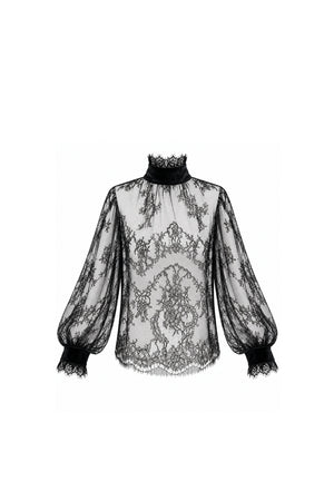 Black Lace Blouse with Velvet Details