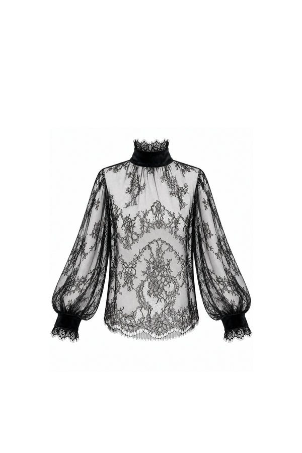 Black Lace Blouse with Velvet Details