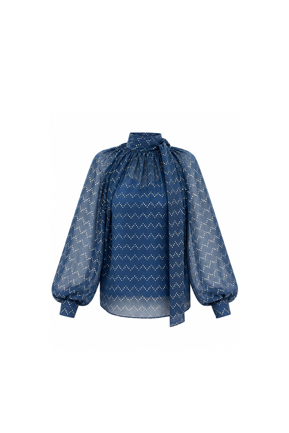Noor Azhari midnight blue embellished chiffon blouse with tie neck