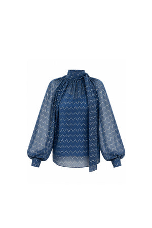 Noor Azhari midnight blue embellished chiffon blouse with tie neck