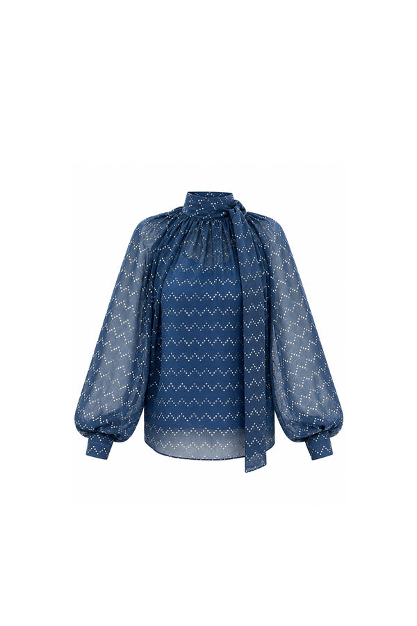 Noor Azhari midnight blue embellished chiffon blouse with tie neck