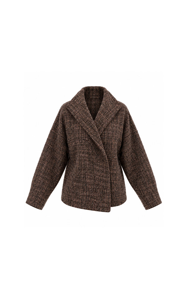 Noor Azhari brown tweed jacket with wide lapels, Fall Winter 2027