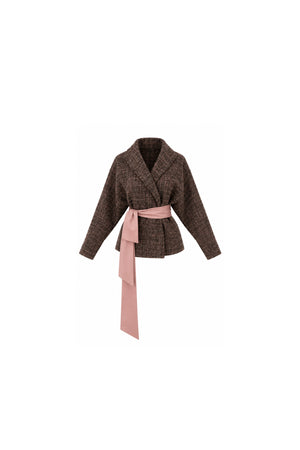 Noor Azhari brown tweed jacket with wide lapels, Fall Winter 2027