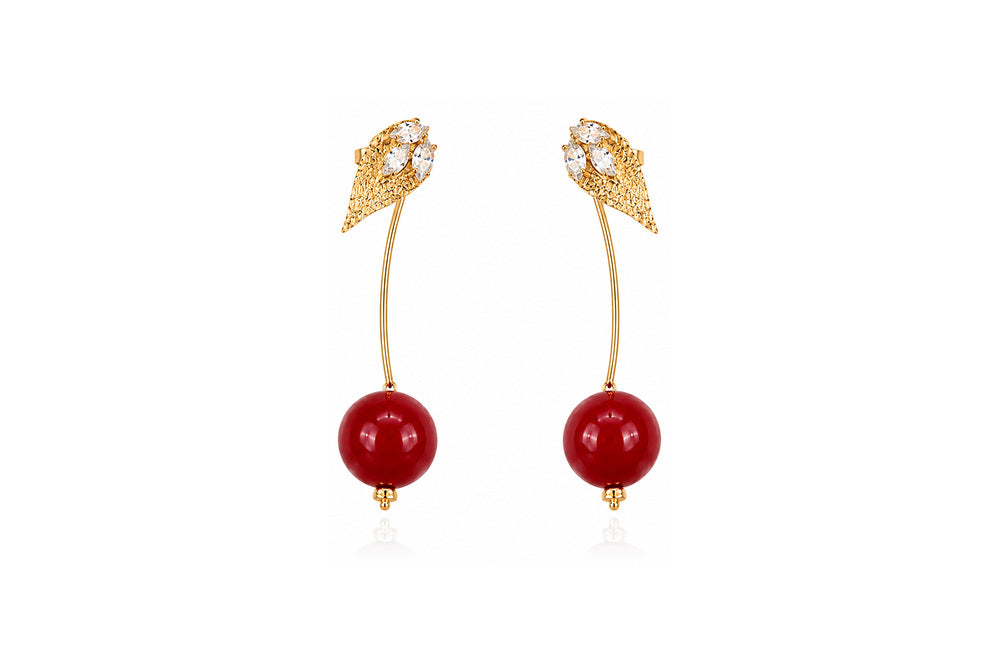 Textured Gold Leaf Cherry Drop Earrings