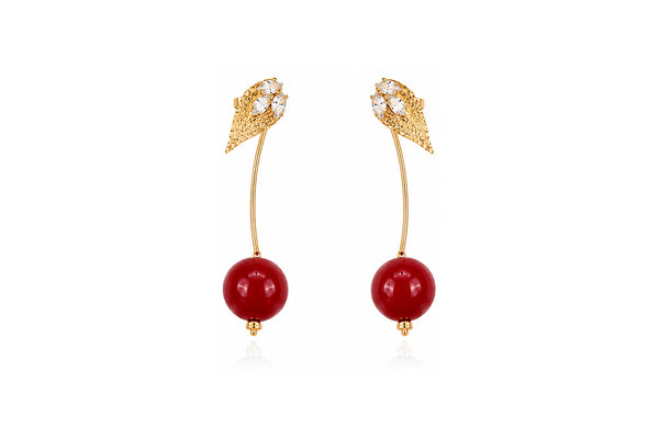 Textured Gold Leaf Cherry Drop Earrings