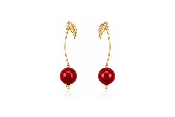 Minimal Leaf Cherry Drop Earrings