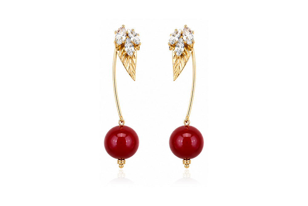 Crystal Leaf Cherry Drop Earrings