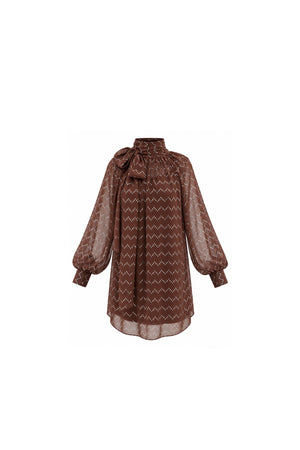 Noor Azhari chocolate brown embellished chiffon dress with bow neckline