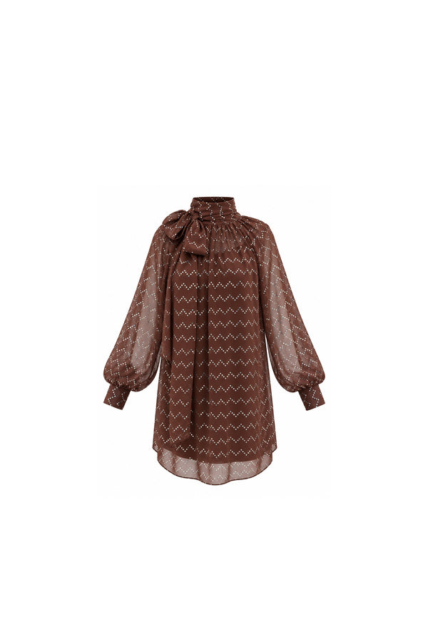 Noor Azhari chocolate brown embellished chiffon dress with bow neckline