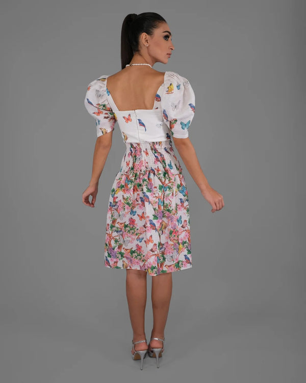 Birds Silk Dress with Banded Waist