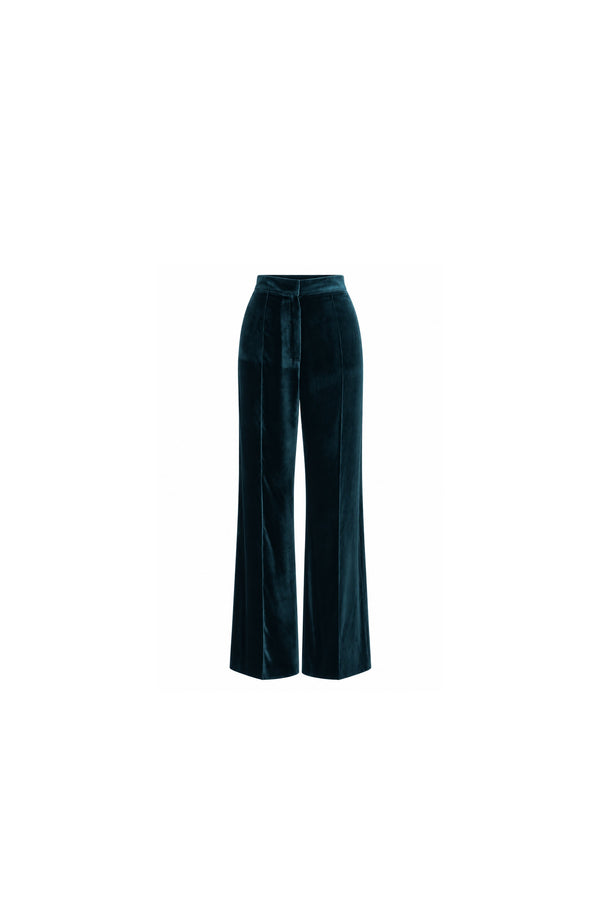 Noor Azhari deep teal velvet wide-leg trousers