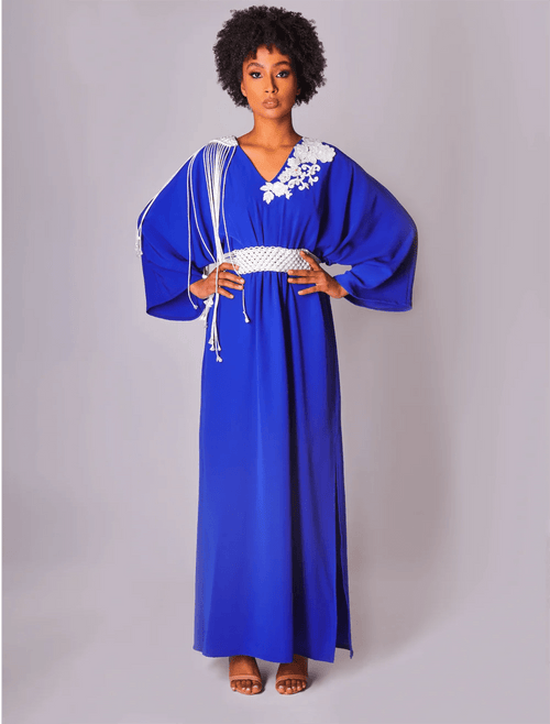 Handcrafted Blue Silk Crepe Macramé Dress