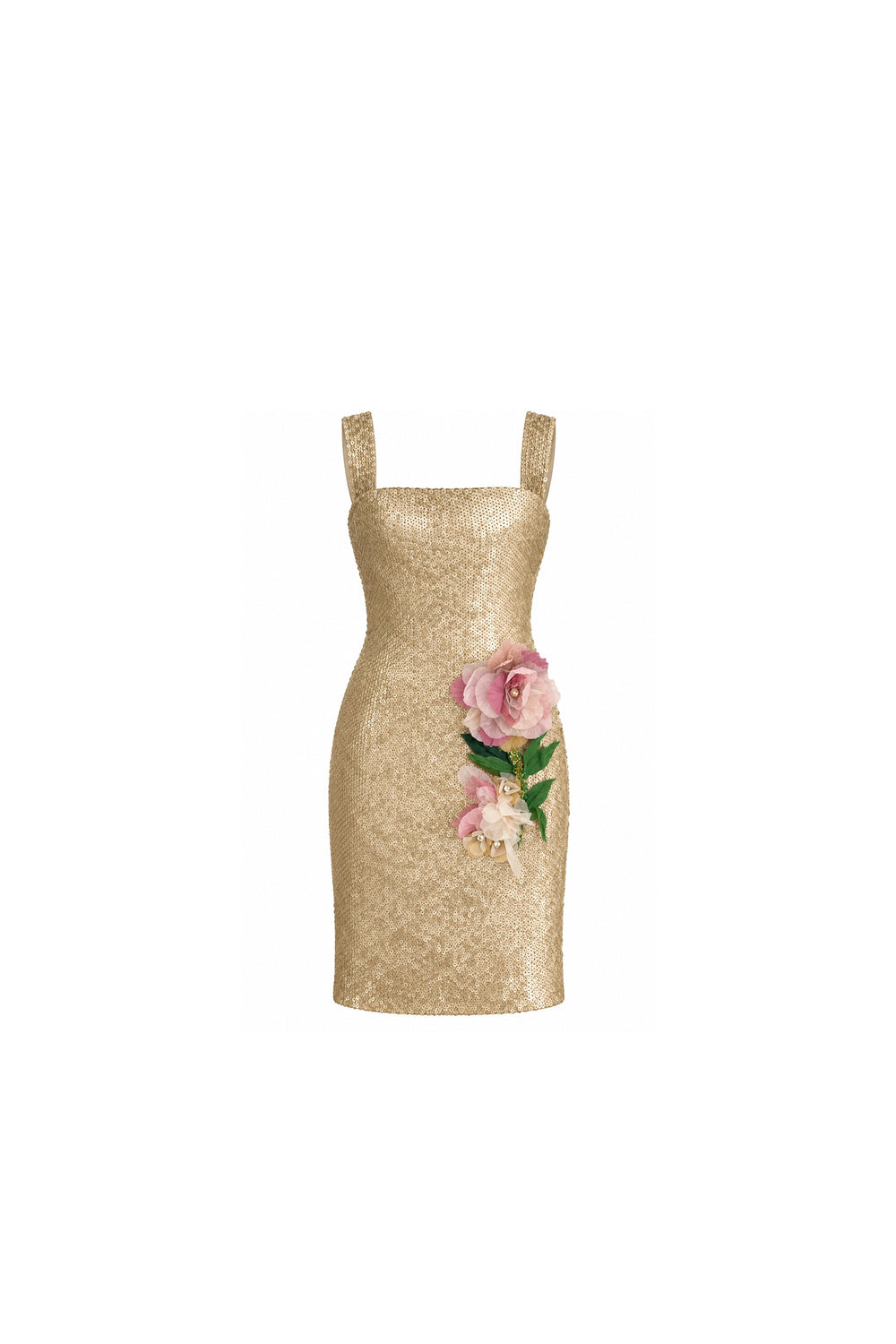 Noor Azhari champagne sequin short dress with floral appliqué