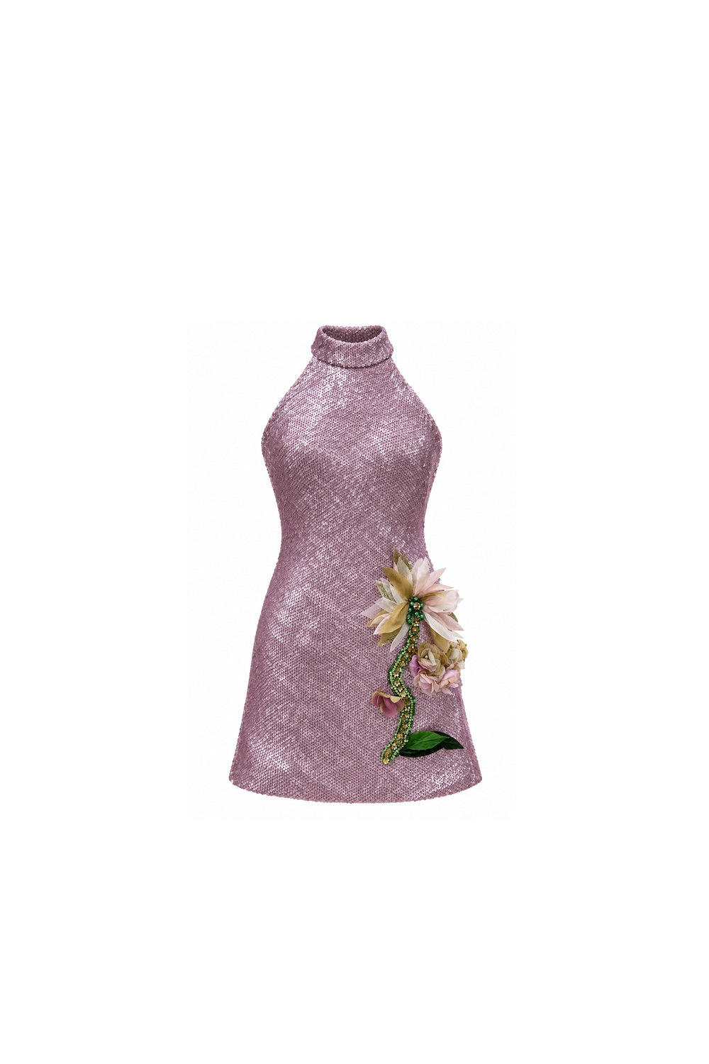Noor Azhari dusty pink sequin halter dress with beaded floral appliqué
