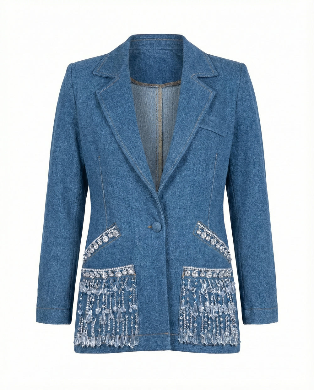Crystal Crest Hand-Embroidered Denim Blazer