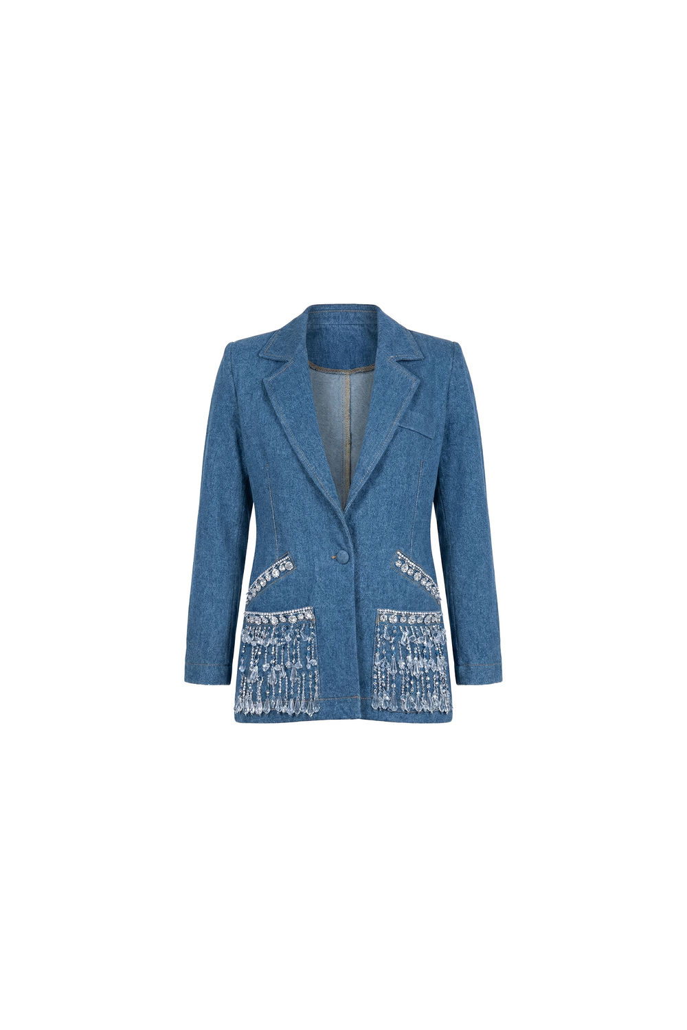 Crystal Crest Hand-Embroidered Denim Blazer