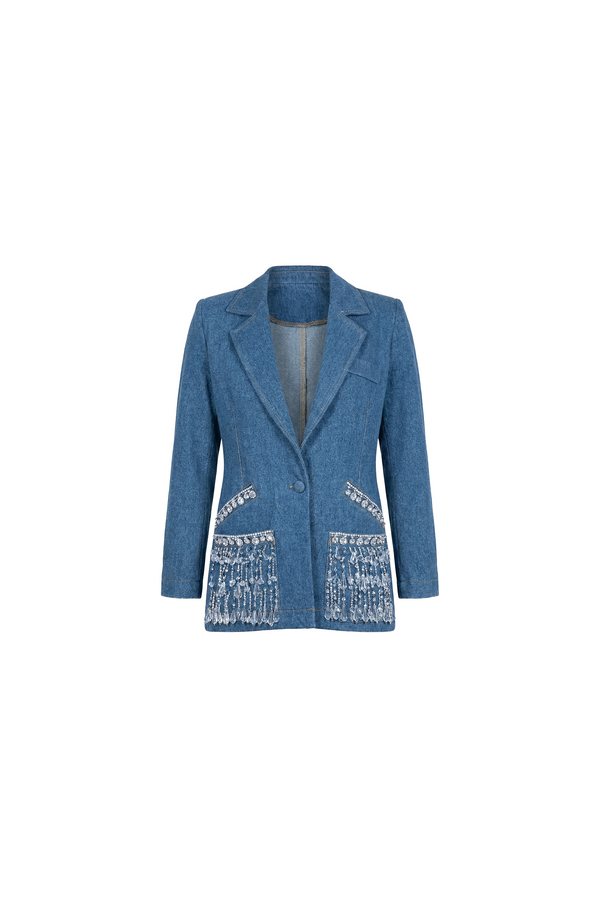 Crystal Crest Hand-Embroidered Denim Blazer