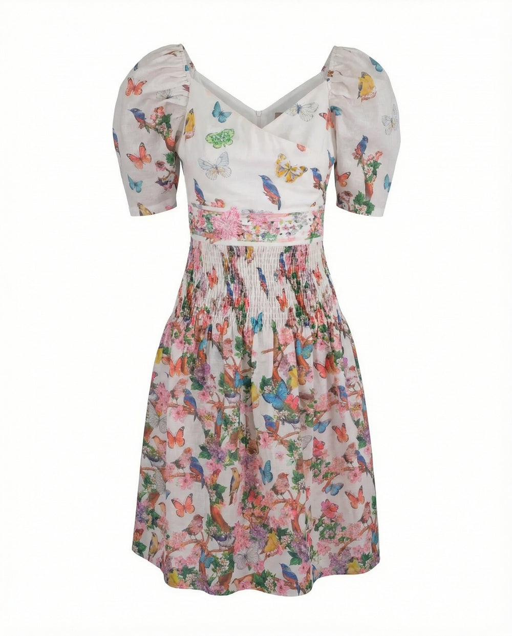 Birds Silk Dress with Banded Waist