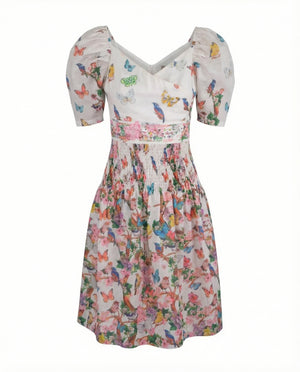 Birds Silk Dress with Banded Waist