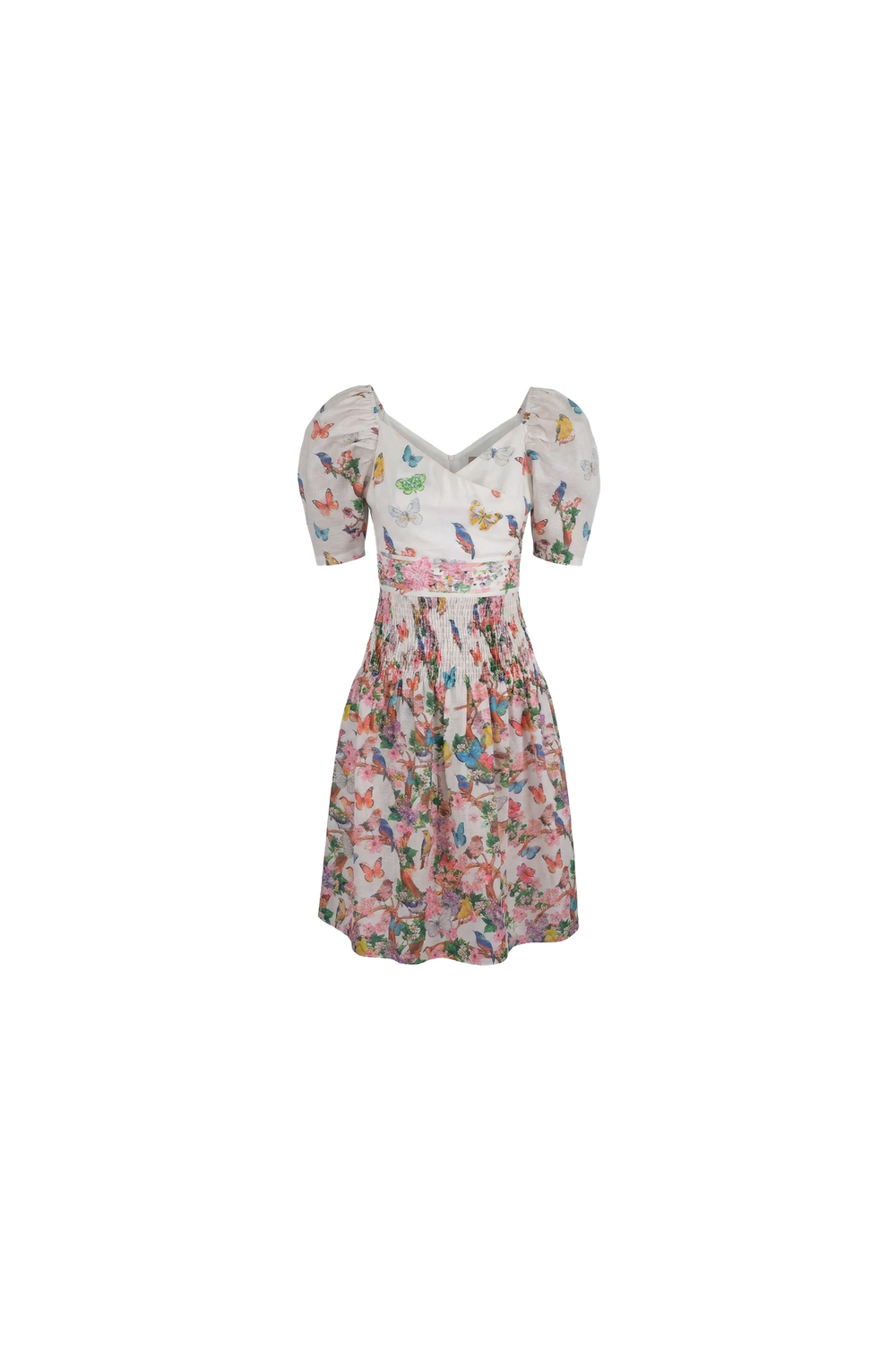 Birds Silk Dress with Banded Waist