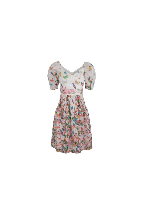 Birds Silk Dress with Banded Waist