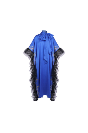 Royal Blue Bow Kaftan with Tulle Trim