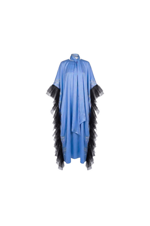 Sky Blue Embroidered Kaftan with Tulle Trim