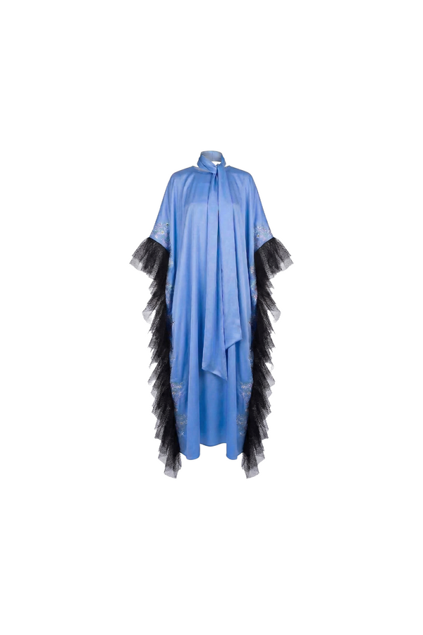 Sky Blue Embroidered Kaftan with Tulle Trim