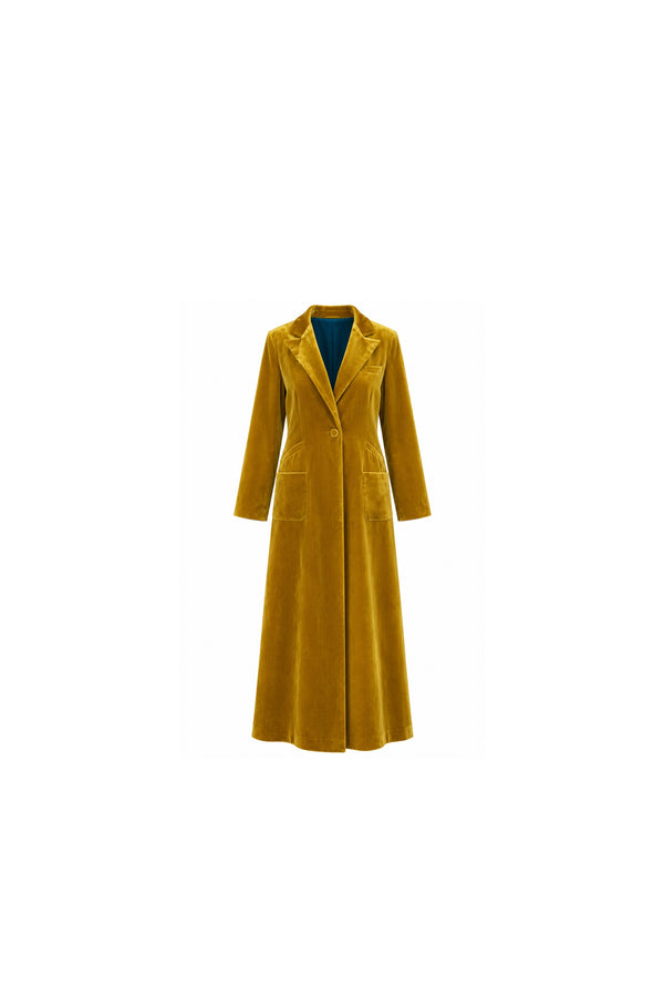 Noor Azhari mustard velvet longline coat