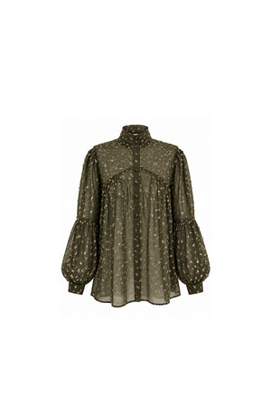 Noor Azhari olive green blouse with gold embroidered motifs