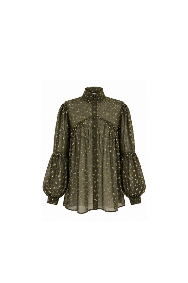 Noor Azhari olive green blouse with gold embroidered motifs