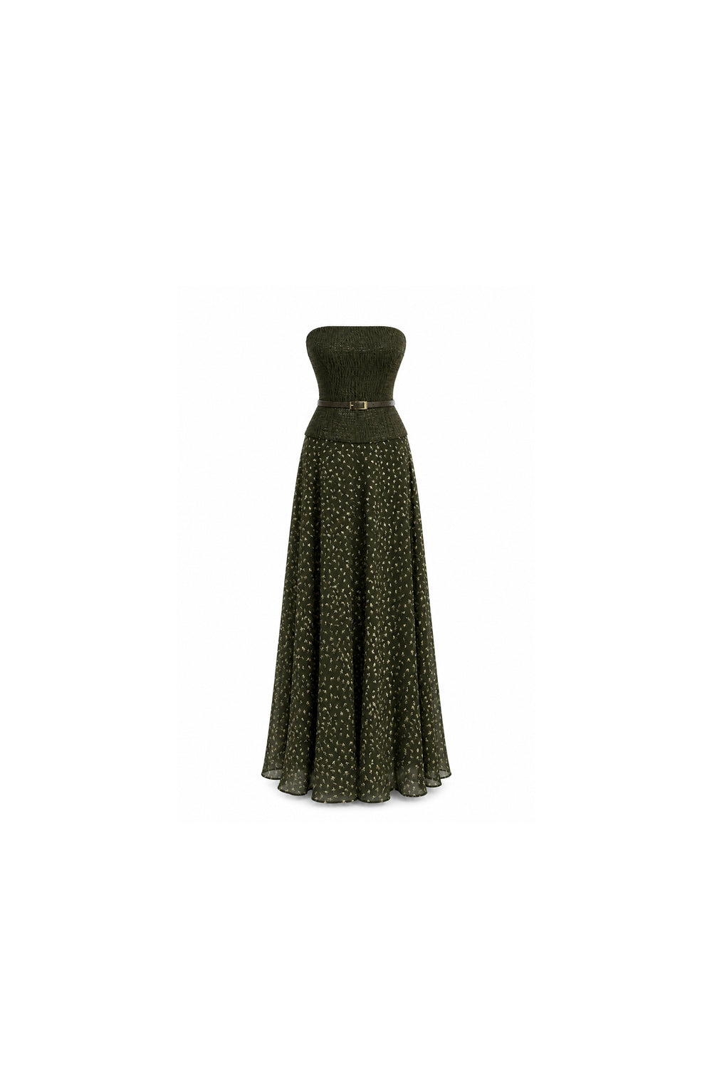 Noor Azhari olive green strapless maxi dress with floral skirt