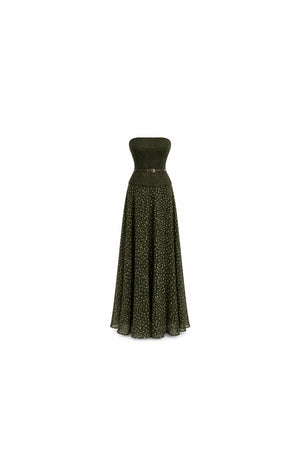 Noor Azhari olive green strapless maxi dress with floral skirt