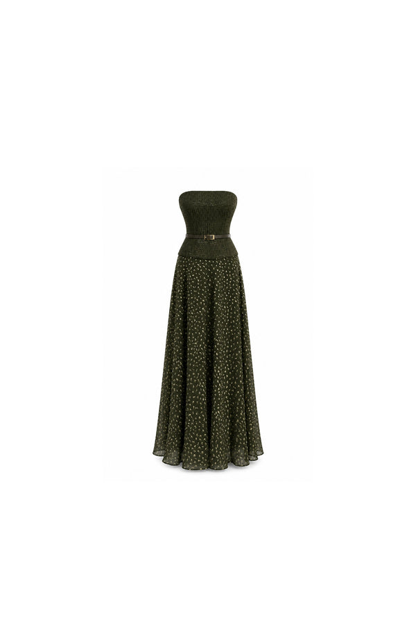 Noor Azhari olive green strapless maxi dress with floral skirt