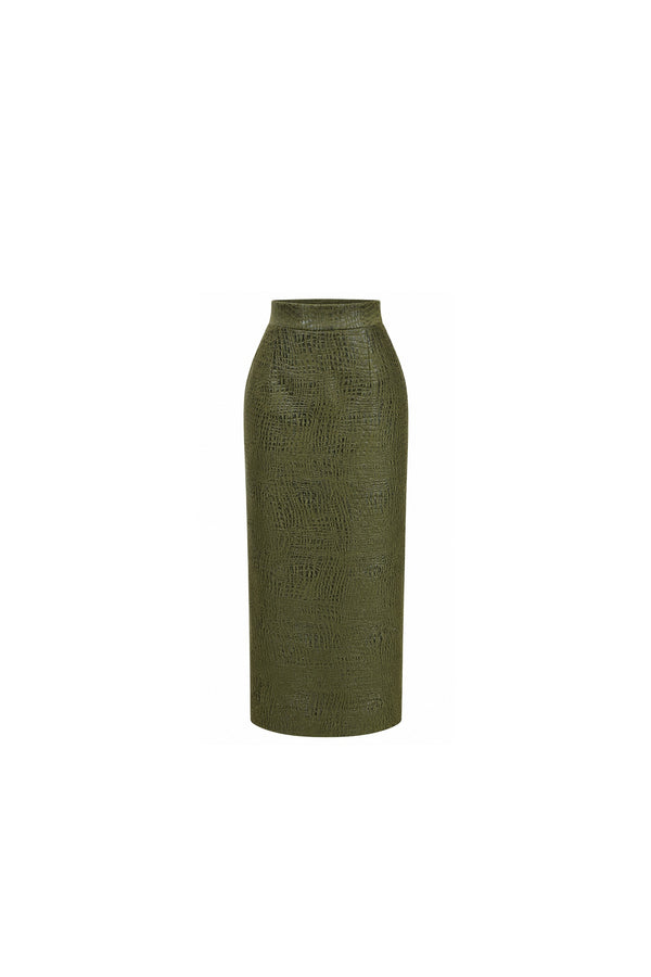 Olive Green Textured Pencil Skirt