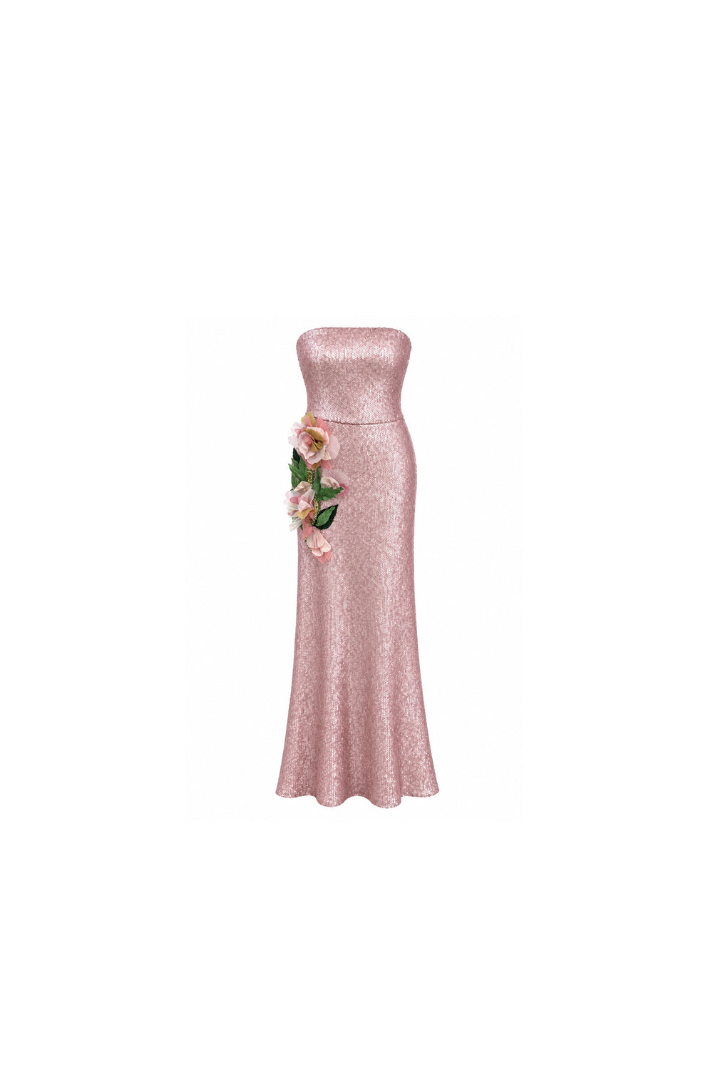 Noor Azhari dusty pink sequin strapless gown with floral appliqué