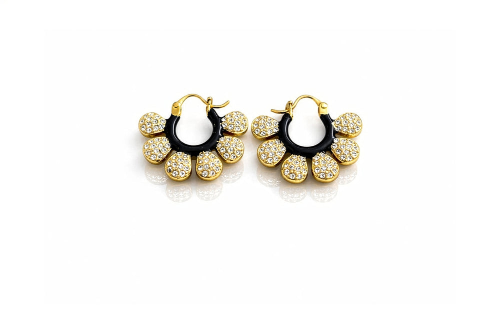 Black Daisy Crystal Hoop Earrings