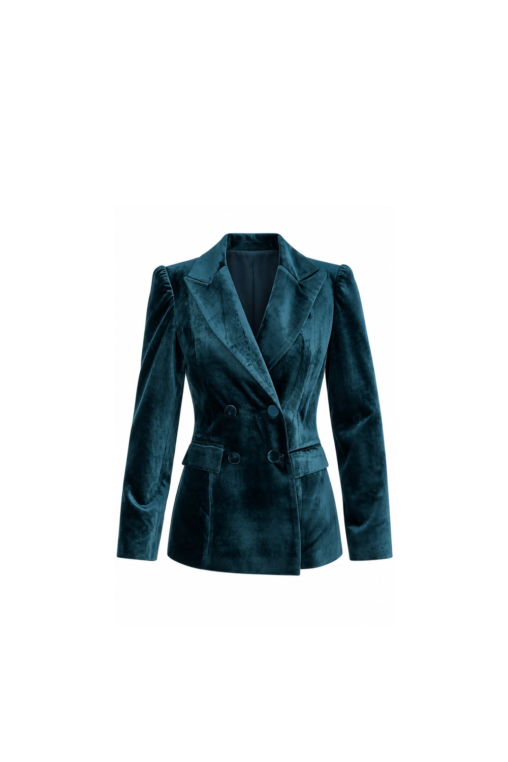 Noor Azhari deep teal velvet double-breasted blazer