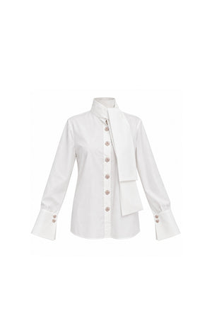 Noor Azhari white cotton blouse with draped scarf collar
