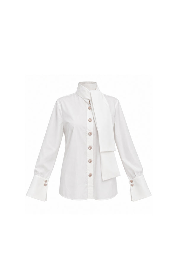 Noor Azhari white cotton blouse with draped scarf collar