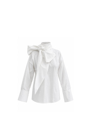 Noor Azhari white cotton blouse with oversized bow