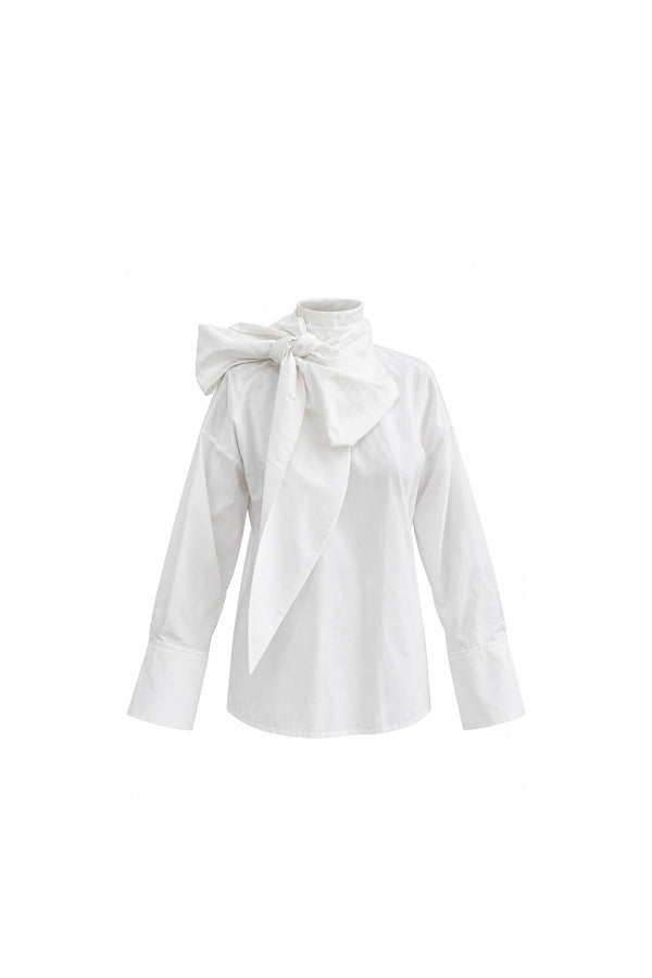 Noor Azhari white cotton blouse with oversized bow