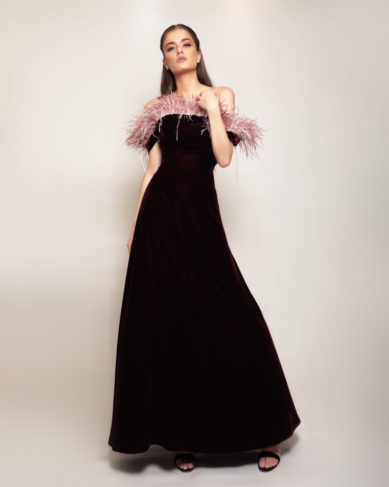 Bordeaux Feathered Velvet Dress with Off Shoulder Plum Dress